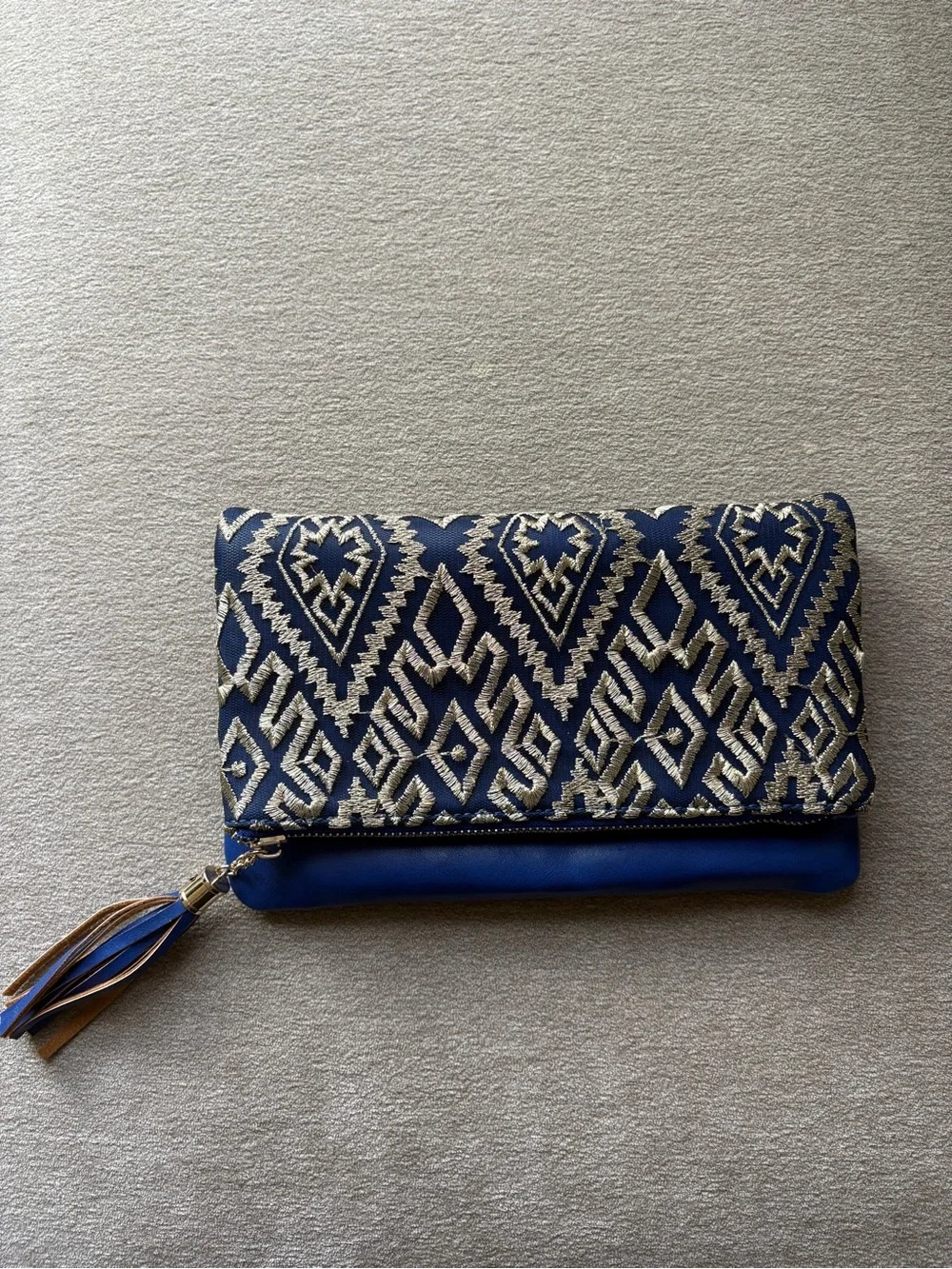 Navy Embroidered Fold-Over Clutch with Tassel